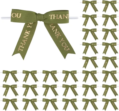 Meseey 30 lazos de cinta con estampado dorado de agradecimiento de 2.5 pulgadas, lazos pequeños para envolver regalos Verde musgo