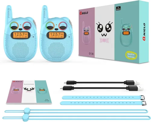 Miniatura 8 de Qniglo Walkie Talkies para niños recargables, paquete de 2 unidades, juguetes de regalo de Navidad y cumpleaños para niños de 3 a 12 años