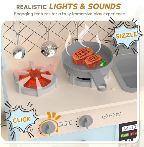 Miniatura 2 de BIERUM Cocina de Juguevo con Luces y Sonidos Realistas, Juego de Cocina de Madera para Niños, Juego de Simulación de Chef para Niños Pequeños, Azul
