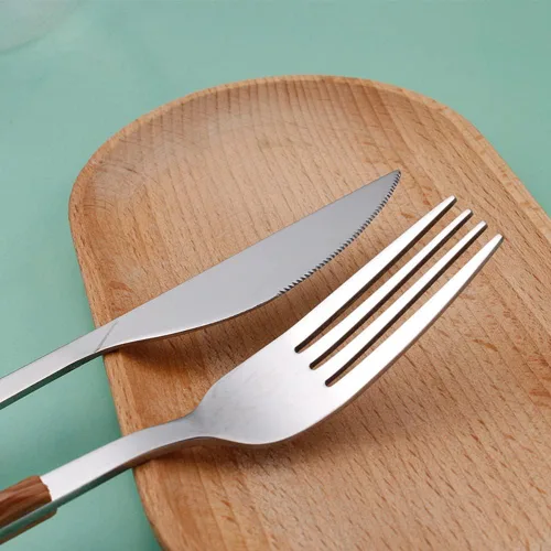 Miniatura 4 de Juego de cubiertos de madera de 32 piezas para 6 personas con mango de madera de imitación de madera de acero inoxidable para boda, hogar, cocina