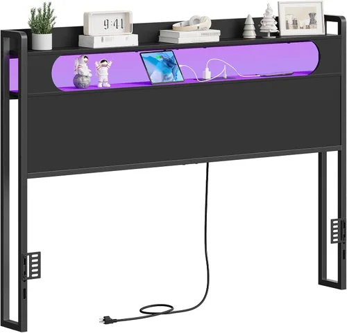 CHOEZON Cabecera tamaño Queen con almacenamiento, solo con estación de carga y tira LED, cabeceros resistentes, adaptadores de marco de metal de
