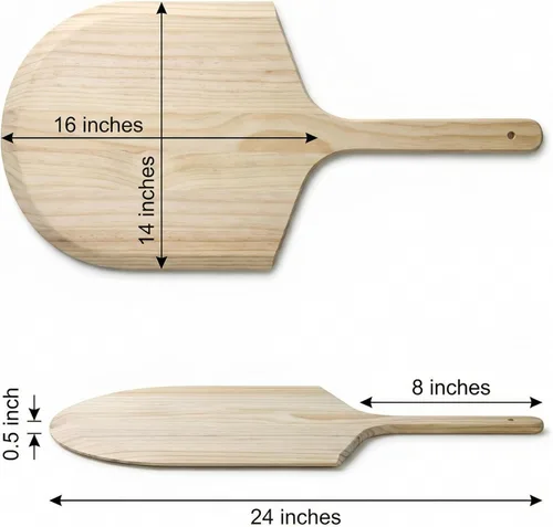 Miniatura 6 de KitchenDine Pela de madera para pizza, hoja de 16 x 14 pulgadas con mango de 8 pulgadas, madera de pino, longitud total de 24 pulgadas con borde