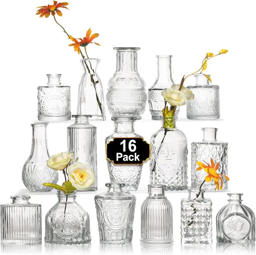 Arme Juego de 16 jarrones de cristal, pequeño jarrón para centros de mesa, jarrones transparentes a granel, mini jarrón vintage para decoraciones