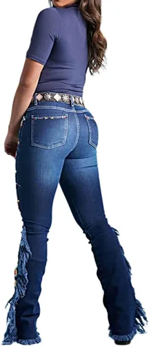 Miniatura 5 de Flamingals Jeans de corte de bota con dobladillo sin procesar con flecos laterales bordados para mujer, sin cinturón, pantalones casuales