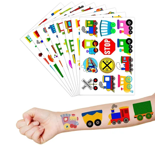 Miniatura 8 de Tatuajes temporales de tren para niños, 8 hojas, 96 unidades, lindas calcomanías de cruce de ferrocarril, recuerdos de fiesta de cumpleaños