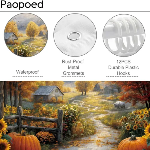 Miniatura 5 de Cortina de ducha de otoño, decoración de baño de árbol de calabaza, 72 x 72 pulgadas, tela de poliéster, cortina de baño impermeable con 12 ganchos
