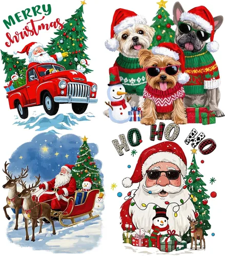 Miniatura 6 de Calcomanías de Vinilo de Transferencia Navideñas para Planchar, Pegatinas de Transferencia de Calor de Navidad con Patrones de Papá Noel, Renos