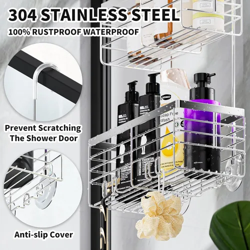 Miniatura 4 de SHANSHUI Organizador de Ducha Colgante, Organizador Doble para Baño, Cesta Organizadora de Ducha, Soporte para Champú, Estante de Ducha sobre Puerta