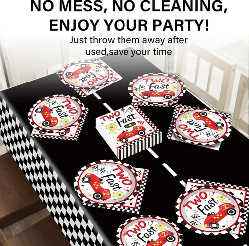 Miniatura 6 de Dos suministros rápidos para fiesta de cumpleaños, sirve 24 Decoración de fiesta de coche de carreras, platos de papel, servilletas, juego