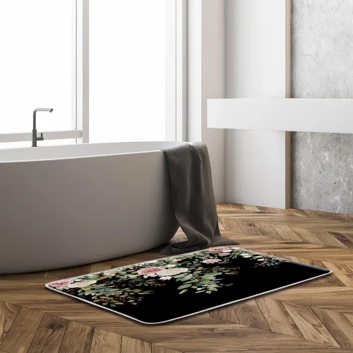 Miniatura 2 de GCTNBJL Tapete de baño con diseño floral de hojas verdes, flores rosas, bohemio, botánico, tropical, hojas bohemias, plantas, naturaleza, negro