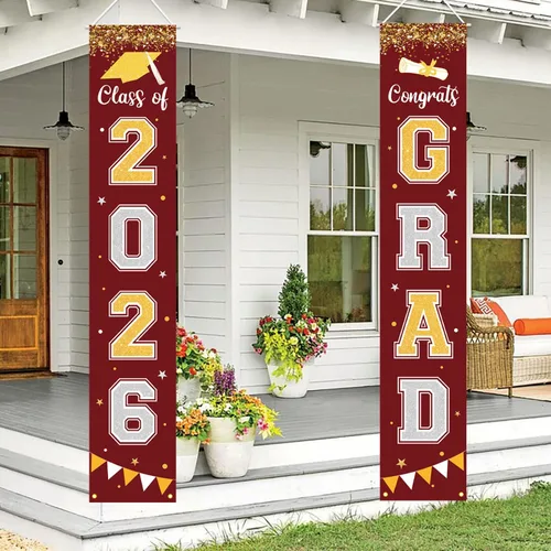 Miniatura 10 de Bandera de decoración de graduación 2025 GRAD Bandera negra para porche y puerta de bienvenida para pared interior y exterior, decoración