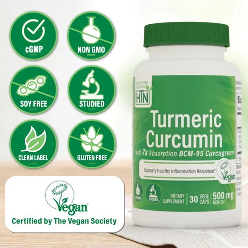 Miniatura 3 de Health Thru Nutrition Complejo de curcumina de cúrcuma de 500 mg como BCM-95 Curcugreen clínicamente estudiado Certificado vegano