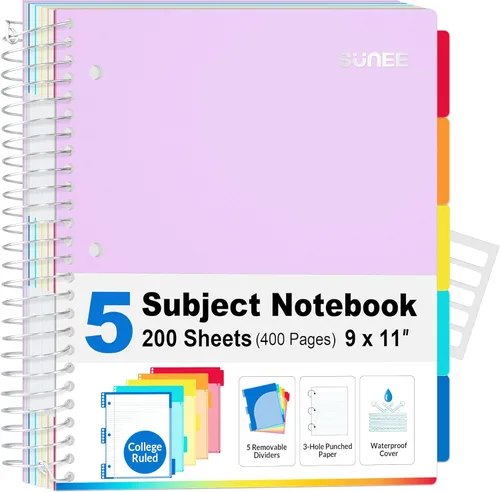 SUNEE Cuaderno de 5 materias con rayas universitarias, 400 páginas, 9 x 11 pulgadas, 5 divisores de colores de bolsillo, papel perforado de 3 Púrpura