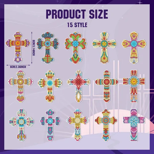 Miniatura 3 de Inbagi 15 piezas de llaveros de pintura de diamante con cruz de Pascua, 5D, bricolaje, cruz de diamante, llaveros colgantes para regalos de fiesta