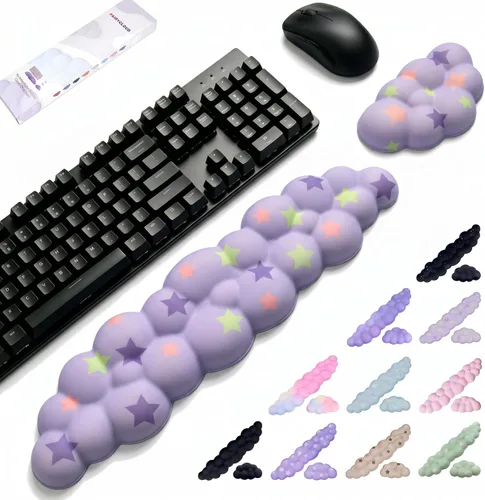 Miniatura 8 de Set de reposamuñecas Cloud para teclado y mouse, incluye bonito portavasos, para computadoras y laptops (Set Estrella Púrpura)