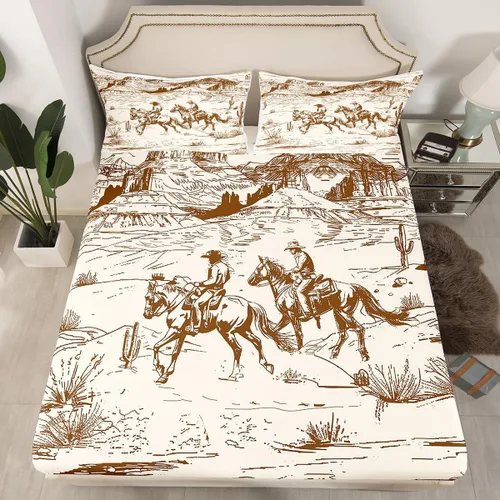 Erosebridal Sábana bajera ajustable de vaquero, tamaño individual, desierto salvaje oeste americano, ilustración dibujada a mano, para decoración de