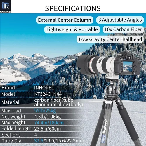 Miniatura 2 de Trípode de fibra de carbono INNOREL KT324C Trípode de viaje compacto portátil profesional para cámara DSLR, soporte de soporte resistente, tubo