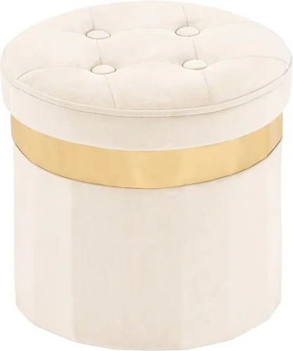 xuperbonus Otomana pequeña con almacenamiento, otomana redonda plegable con ribete dorado, taburete de almacenamiento de terciopelo, taburete de pie