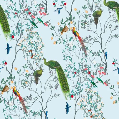 VEELIKE Papel tapiz de pavo real azul claro para despegar y pegar, para dormitorio, sala de estar, 17.7 x 118 pulgadas, papel de pared chinoiserie,
