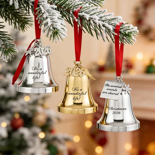 Miniatura 5 de JUPPE 2025 Campanas de Navidad Grabadas en Oro "Es una Maravillosa Vida" Adornos Colgantes para Árbol de Navidad Adornos de Boda y Aniversario