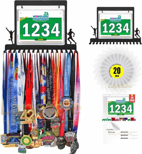 Miniatura 16 de Colgador de medallas para carreras, exhibición de medallas de maratón y colgador de medallas para corredores, exhibición de medallas con dorsal