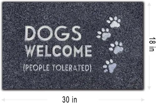 Miniatura 3 de Assaoy Tapete para puerta de exterior con texto en inglés "Dogs Welcome People", divertido tapete bordado negro para entrada, para interiores y Perro