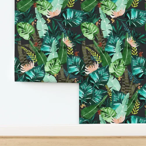 Miniatura 4 de Spoonflower Papel tapiz para despegar y pegar, hojas oscuras tropicales, hojas de plátano, selva, palma, verde, papel tapiz extraíble personalizado