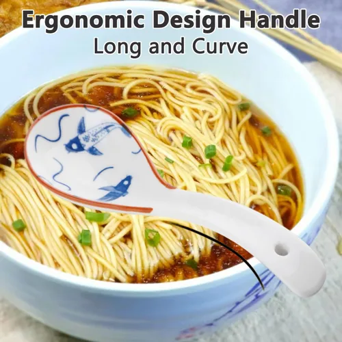 Miniatura 6 de Juego de 4 cucharas de sopa chinas, cucharas coreanas de porcelana para albóndigas de cereales de fideos Pho