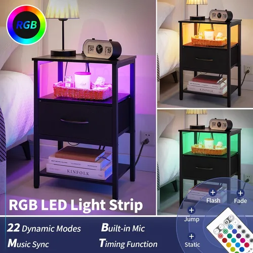 Miniatura 4 de Yoobure Mesa auxiliar con almacenamiento, mesita de noche LED con estación de carga, mesas auxiliares para sala de estar, mesita de noche para Negro