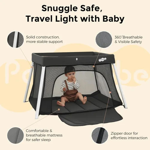 Miniatura 8 de Pamo Babe Paquete de viaje y juego, cuna de viaje segura para bebés, corralito portátil extragrande con colchón y puerta con cremallera, cuna Gris