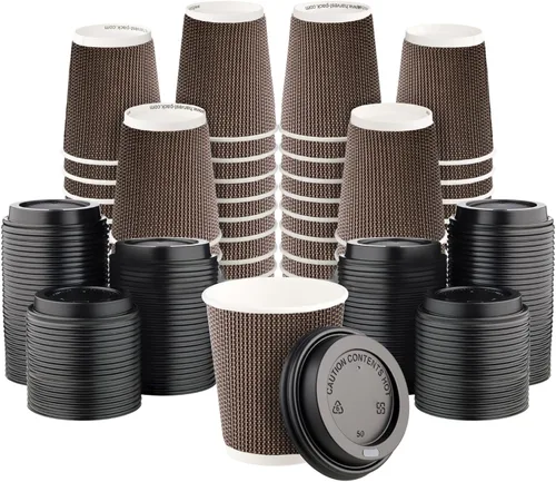 Miniatura 9 de Harvest Pack - Paquete de 100 tazas de café aisladas de 8 onzas con tapas, tazas calientes de papel ondulado de doble pared, diseño geométrico Negro