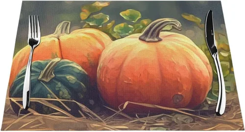Miniatura 7 de Juego de 6 manteles individuales de PVC de cosecha de calabaza madura antideslizante, 12 x 18 pulgadas, juego de manteles individuales de granja