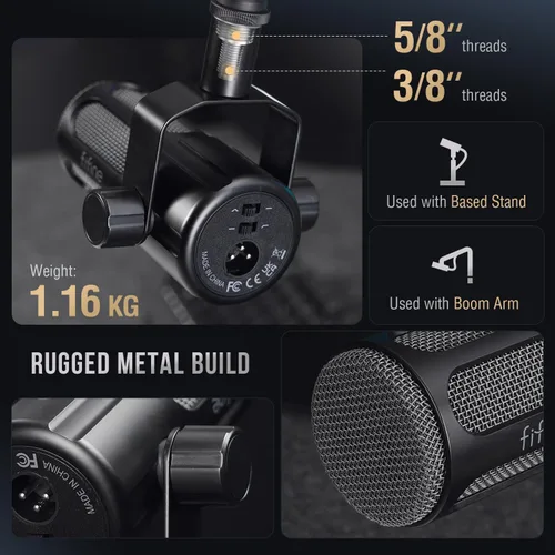 Miniatura 7 de FIFINE Micrófono dinámico XLR, micrófono vocal de estudio para grabación, micrófono de podcast XLR de metal con impulso medio, filtro de corte bajo
