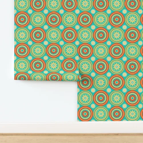Miniatura 4 de Muestras de papel tapiz para despegar y pegar, círculos de azulejos florales retro de mediados de siglo, moderno, turquesa, naranja, amarillo