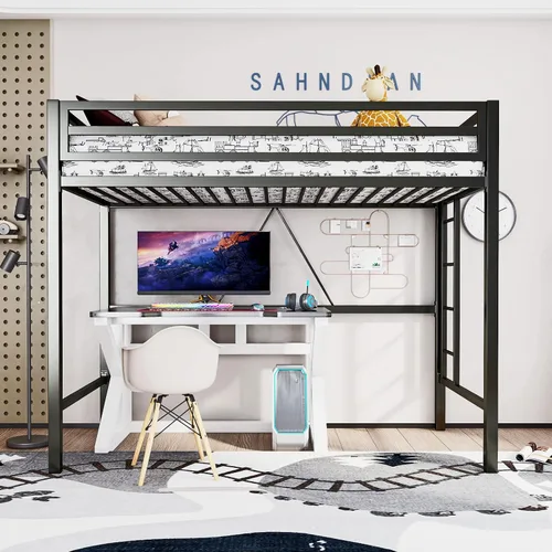 Miniatura 6 de ikalido - Cama elevada de metal tamaño individual con barandilla de seguridad y escalera, no necesita somier, muebles de dormitorio que ahorran
