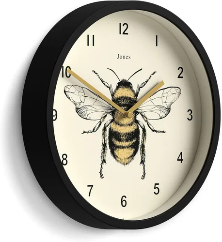 JONES CLOCKS® Reloj de pared de abeja | Pequeño reloj moderno con ilustración de abeja | 10 pulgadas | Negro | Diseño decorativo para cocina, sala