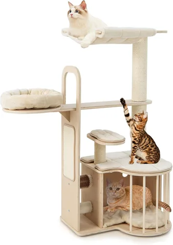 Miniatura 9 de Tangkula Árbol de madera para gatos de interior, centro de actividades de torre para gatos de varios niveles de 55 pulgadas con hamaca, condominio