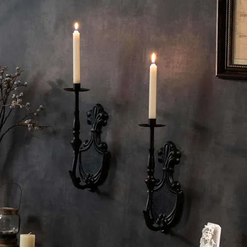 Portavelas de Pared Gótico para Velas Cónicas (Juego de 2) Diseño de Corona y Cetro de Hierro Negro Decoración de Pared Victoriana para Sala de