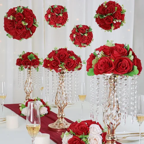 Miniatura 2 de 10 centros de mesa de bola de flores artificiales para bodas, bolas de beso, rosas de seda rojas, arreglos florales románticos para compromiso