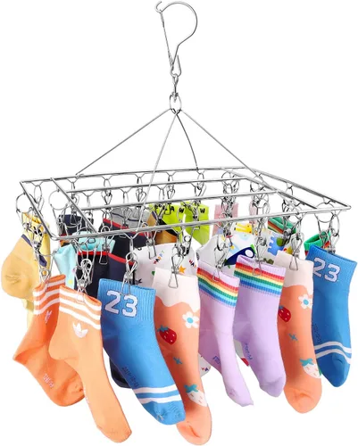 Miniatura 6 de Paquete de 2 estantes de secado de calcetines de acero inoxidable con 72 clips, gancho giratorio a prueba de viento para calcetines, ropa
