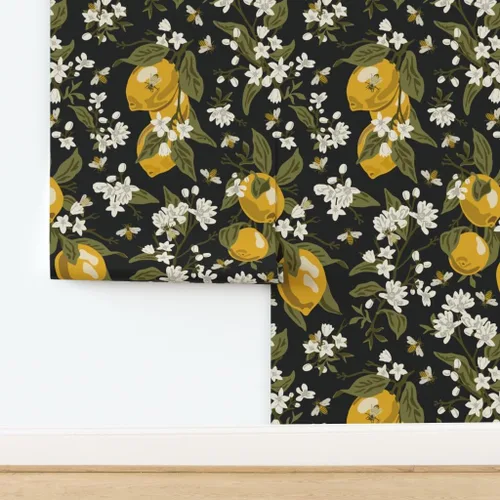 Miniatura 4 de Papel tapiz para despegar y pegar, abejas, limones, negro, grande, moderno, cítrico, tradicional, extraíble, por Spoonflower