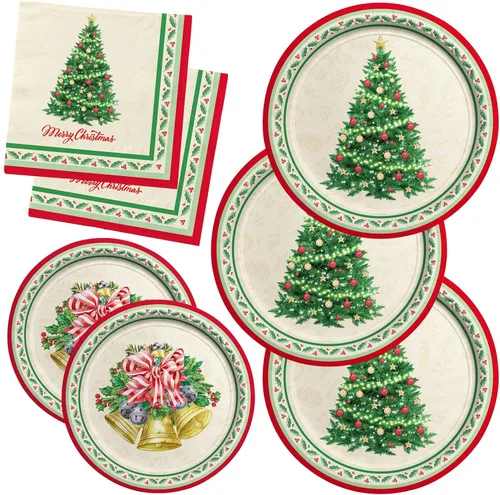 Kit de Suministros de Fiesta de Navidad Gatherfun, Sirve para 50, Incluye Vajilla Desechable de Árbol de Navidad: Platos de Cena de Papel, Platos de