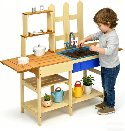 Miniatura 9 de HONEY JOY Juego de cocina de barro para niños, para interiores y exteriores, juguete de simulación de madera con fregadero extraíble, grifo