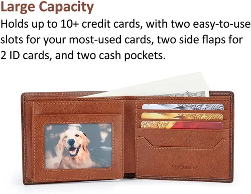 Miniatura 3 de VANNANBA Cartera de cuero de grano completo de gran capacidad con 2 ventanas para identificación, 11 ranuras para tarjetas, 2 bolsillos