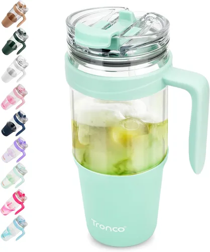 Miniatura 39 de Tronco Vaso de vidrio de 32 onzas con popote y tapa, tapa con popote 2 en 1 a prueba de fugas, botellas de agua de vidrio con asa, apto para Rosa