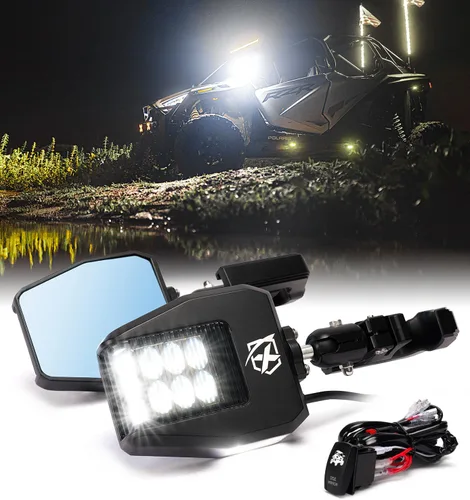 Xprite UTV - Espejos LED de visión lateral de aluminio con luces de charco, se adapta a barra de jaula enrollable de 1.75 a 2 pulgadas para Polaris