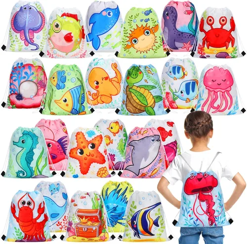 Marsui 24 Piezas Bolsas con Cordón de Animales Marinos para Recuerdos de Fiesta, Bolsas de Regalo de Golosinas y Dulces para Suministros de Fiesta