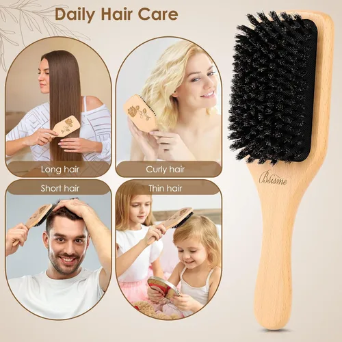 Miniatura 4 de Bsisme Cepillo de pelo, cepillos de cerdas de jabalí para mujeres, hombres y niños, cepillo de madera con cerdas naturales para cabello fino