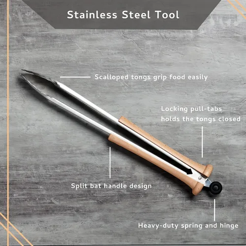 Miniatura 2 de Baseball BBQ Pinzas para parrilla 'Splitfinger' Accesorios y utensilios para parrilla para aficionados al béisbol Mango de murciélago de madera