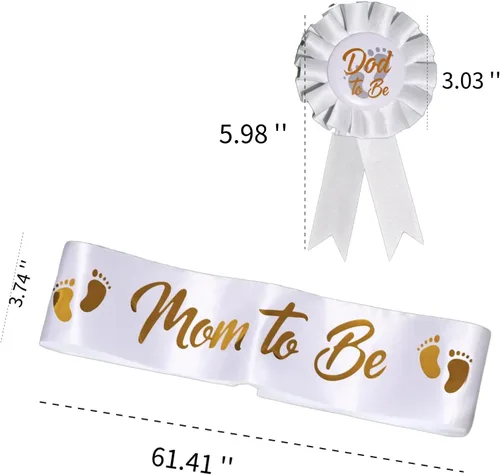 Miniatura 6 de Paquete de 2 decoraciones para baby shower, banda de mamá y papá para ser insignias de hojalata con bonito patrón de pies dorados para fiesta